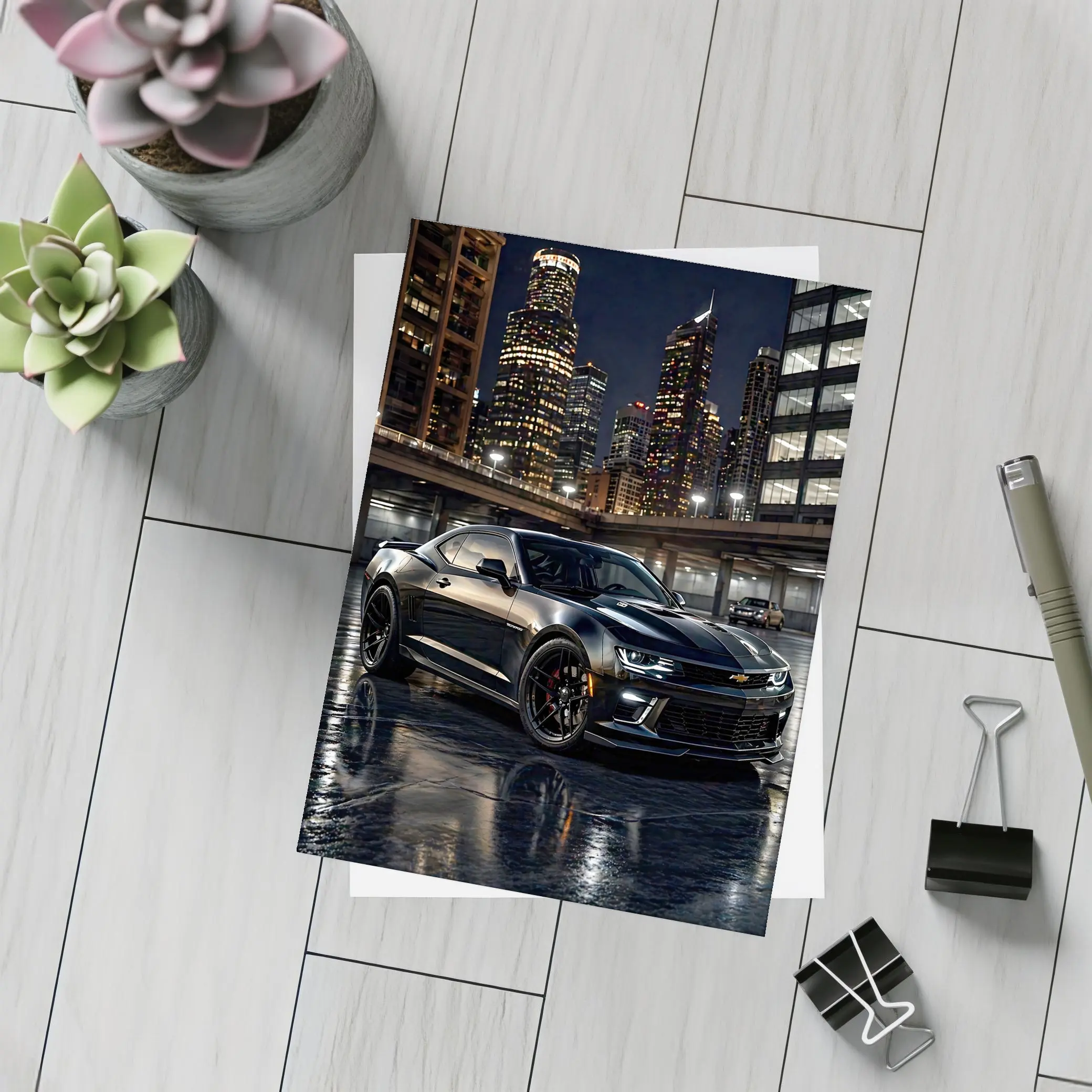 Black Chevrolet Camaro City Night Scene – Postcards
