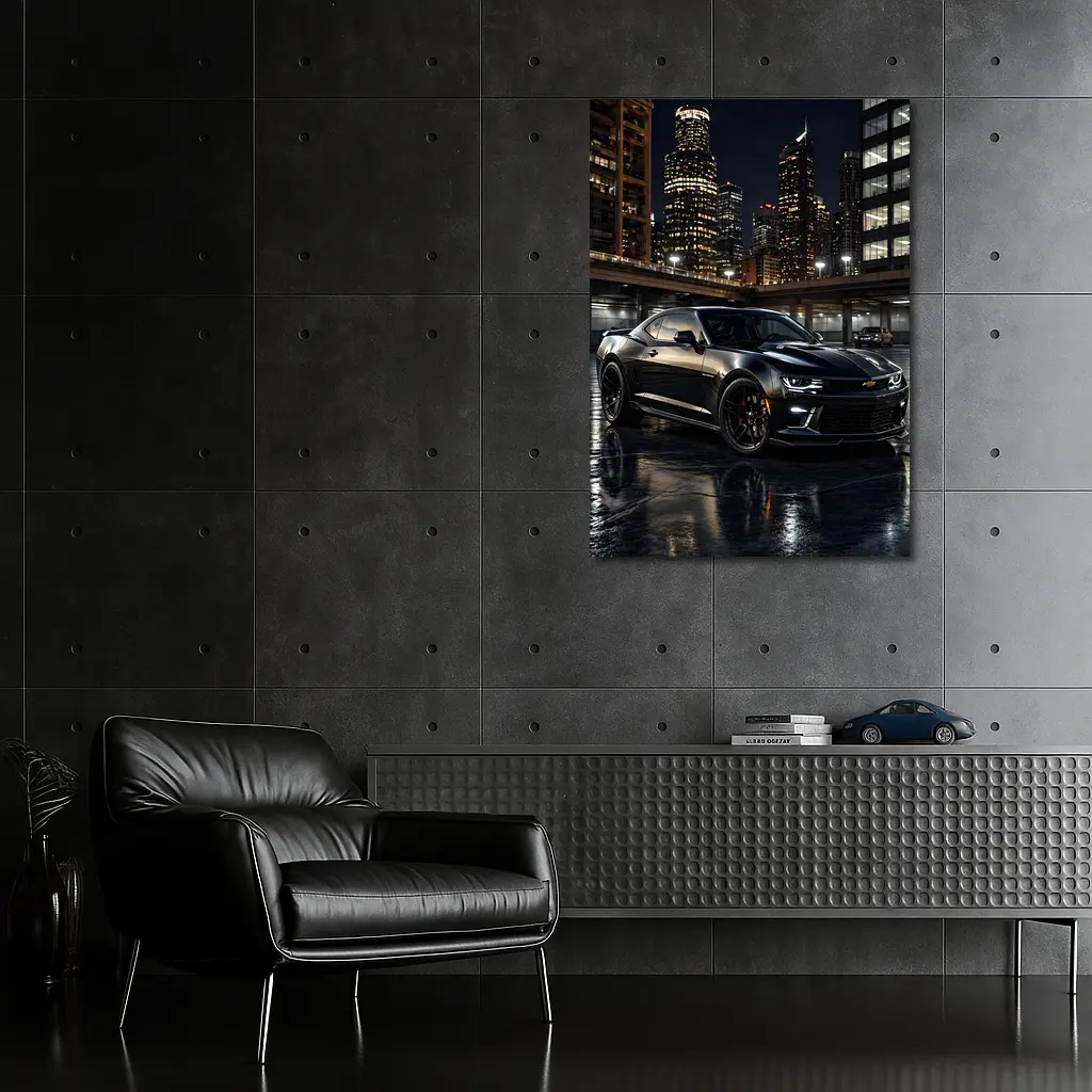 Black Chevrolet Camaro City Night Scene – Wall Art