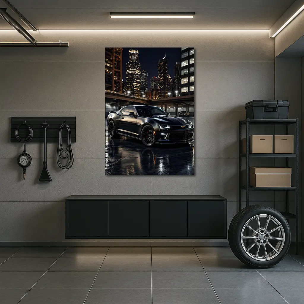 Black Chevrolet Camaro City Night Scene – Wall Art