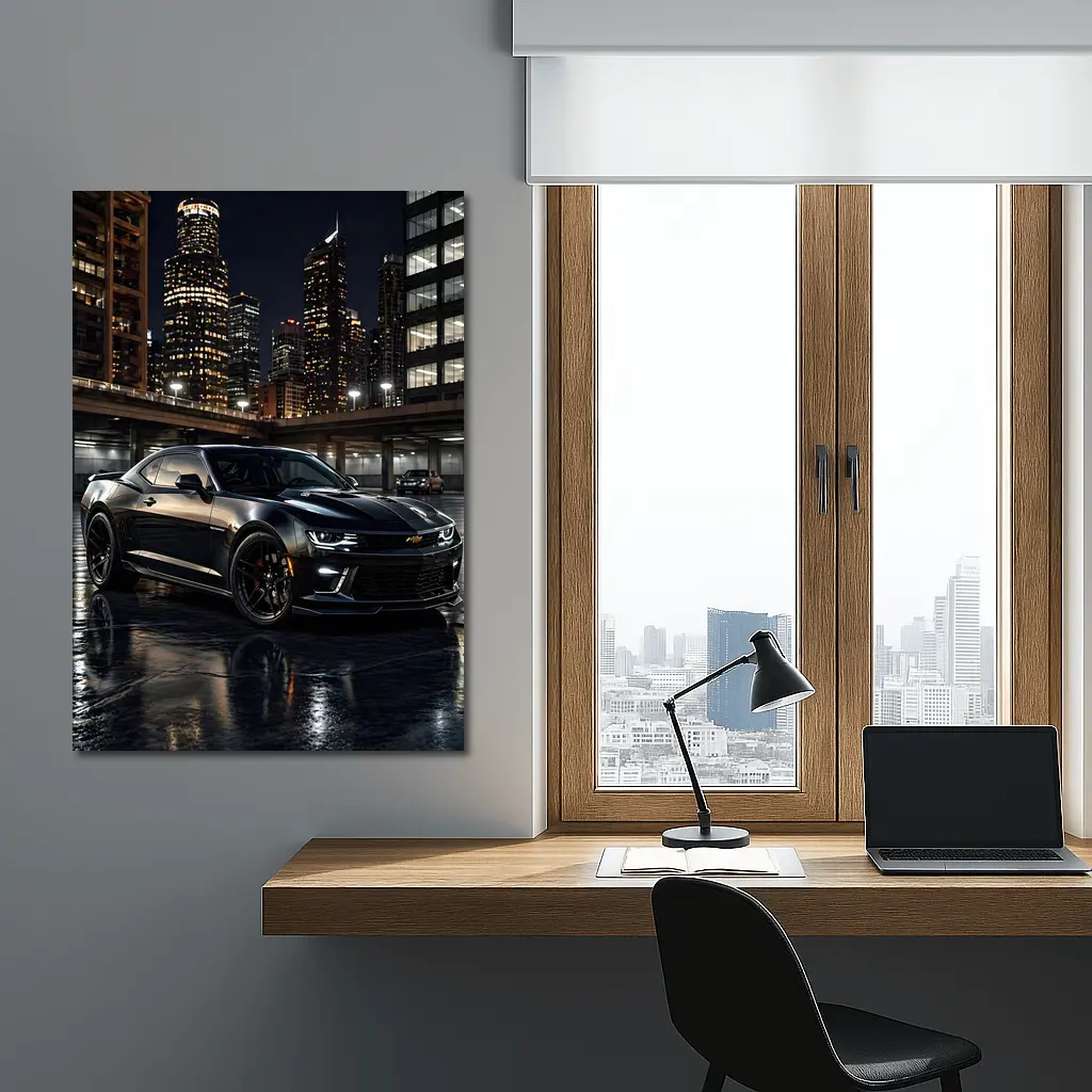 Black Chevrolet Camaro City Night Scene – Wall Art