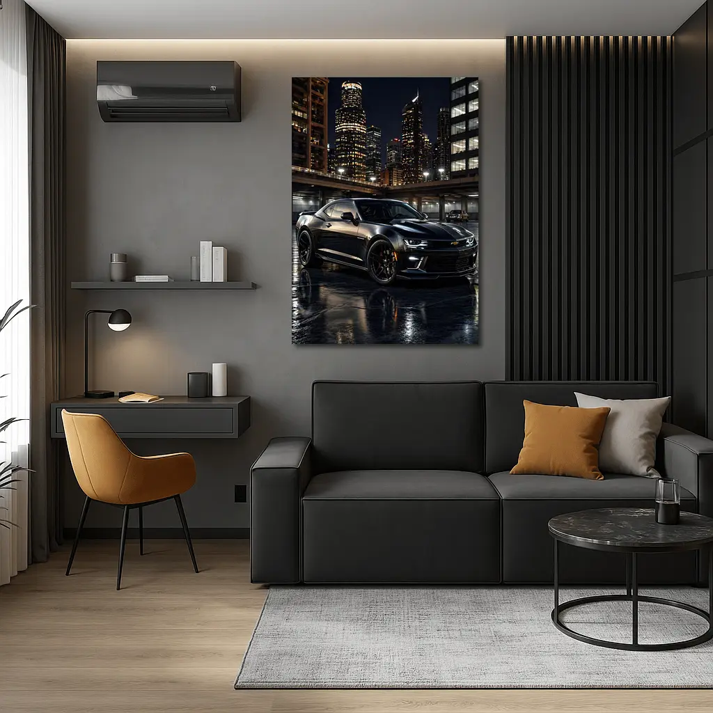 Black Chevrolet Camaro City Night Scene – Wall Art