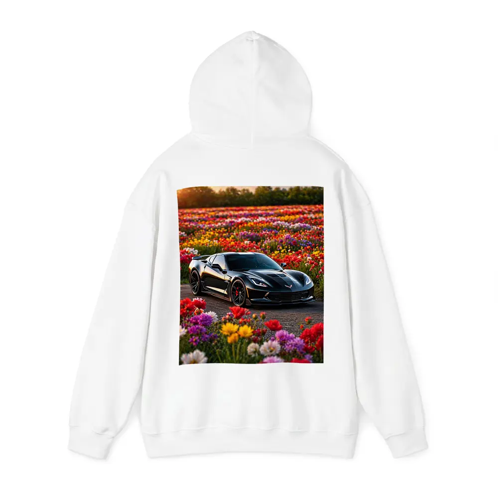 Black Chevrolet Corvette Parked Among Colorful Flowers – Hoodies