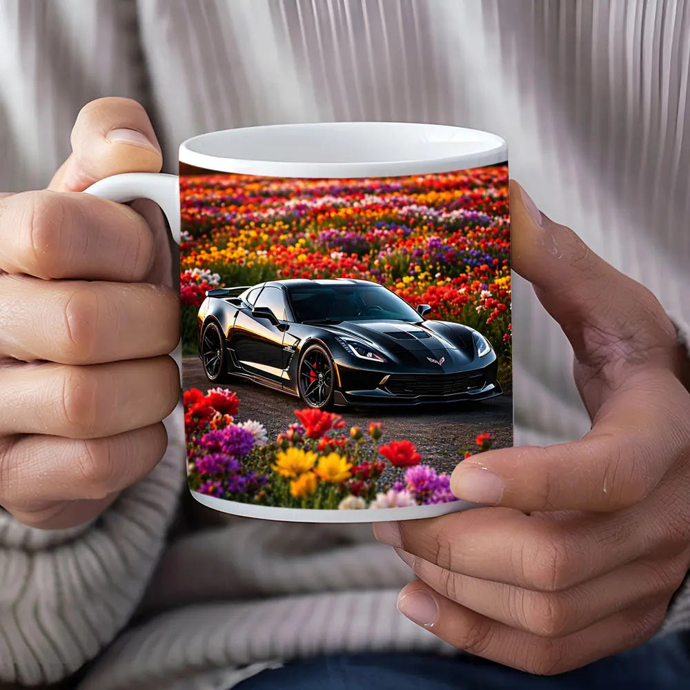 Black Chevrolet Corvette Parked Among Colorful Flowers – Mugs
