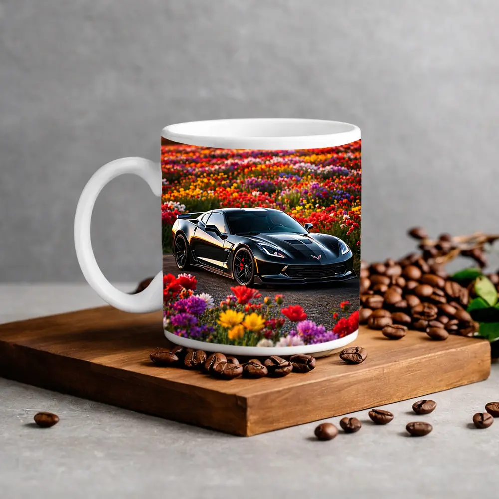 Black Chevrolet Corvette Parked Among Colorful Flowers – Mugs