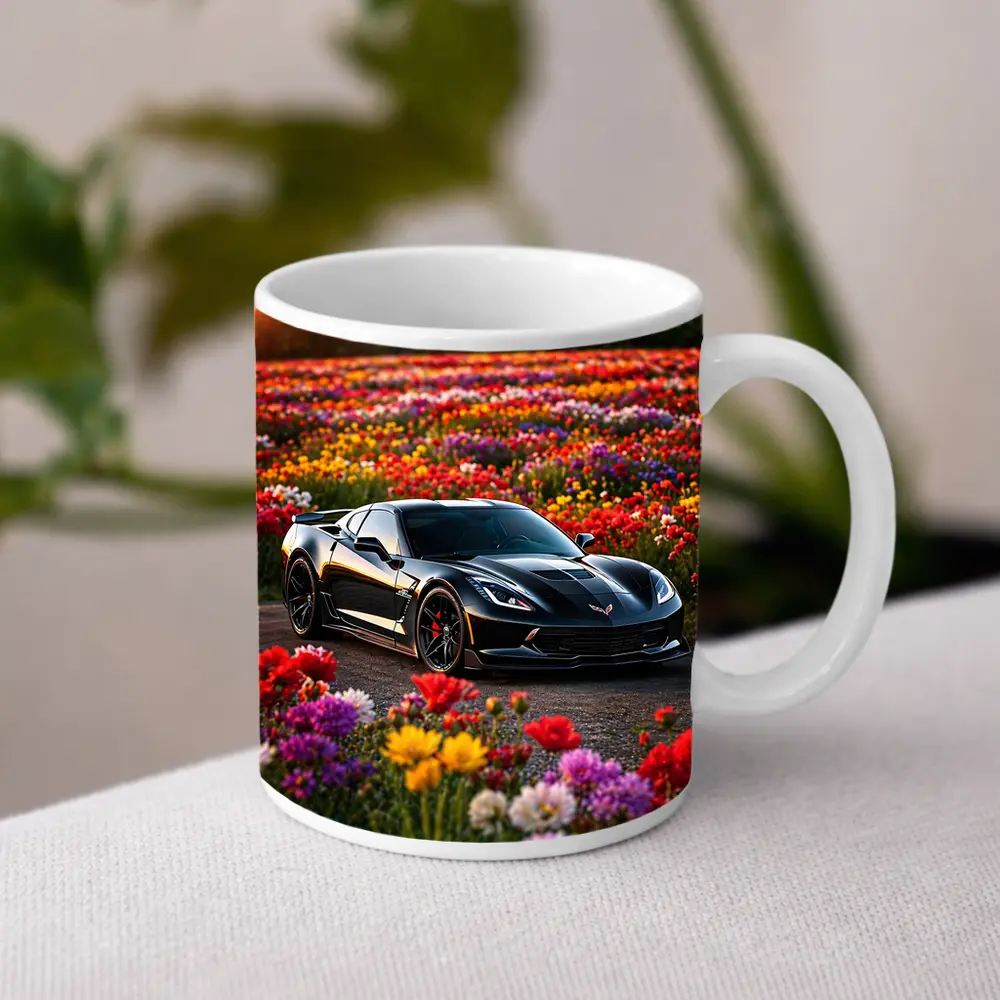 Black Chevrolet Corvette Parked Among Colorful Flowers – Mugs
