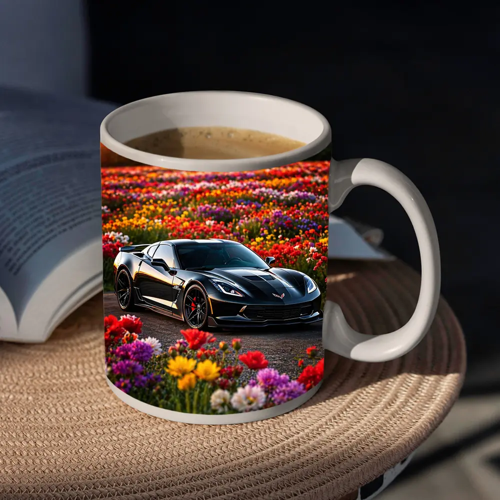 Black Chevrolet Corvette Parked Among Colorful Flowers – Mugs