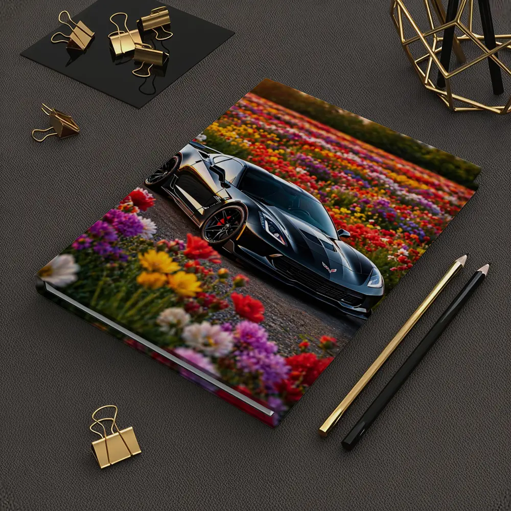 Black Chevrolet Corvette Parked Among Colorful Flowers – Notebooks