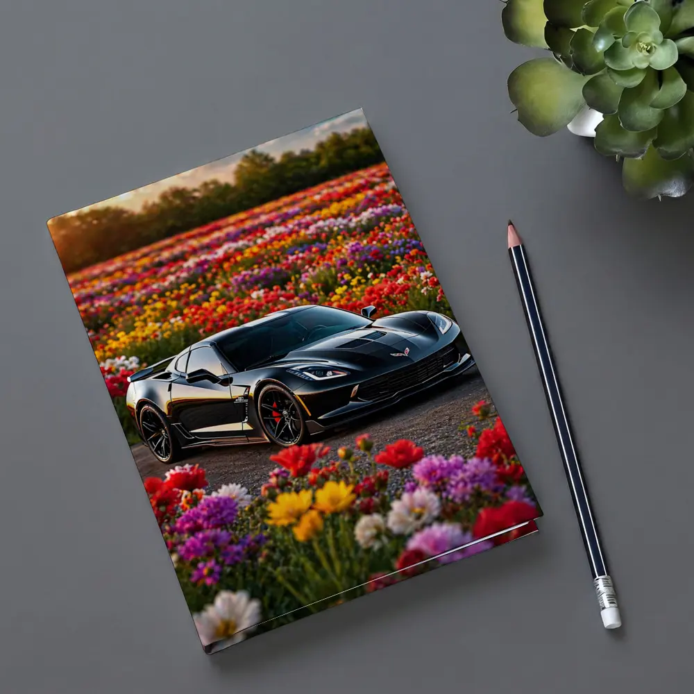 Black Chevrolet Corvette Parked Among Colorful Flowers – Notebooks