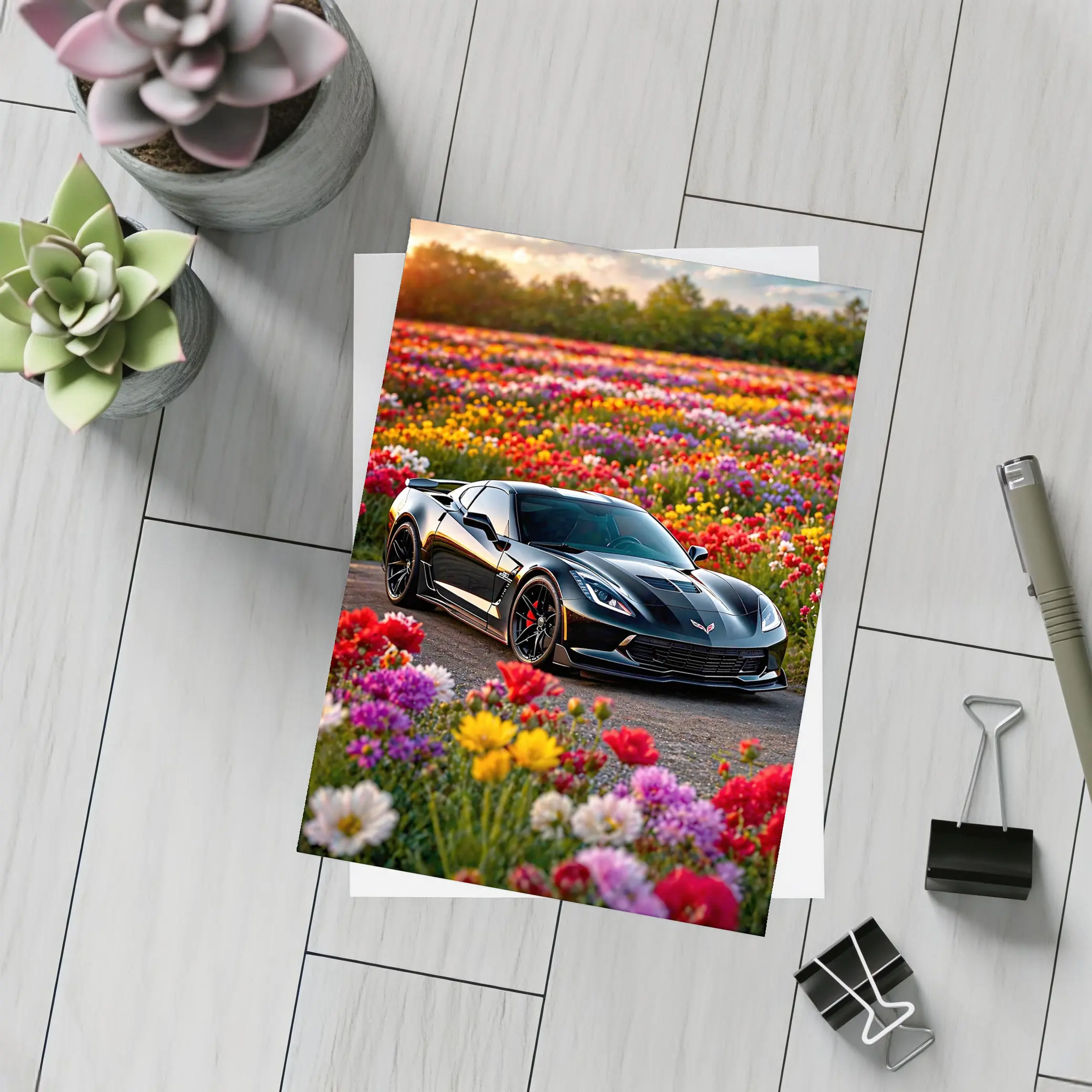 Black Chevrolet Corvette Parked Among Colorful Flowers – Postcards