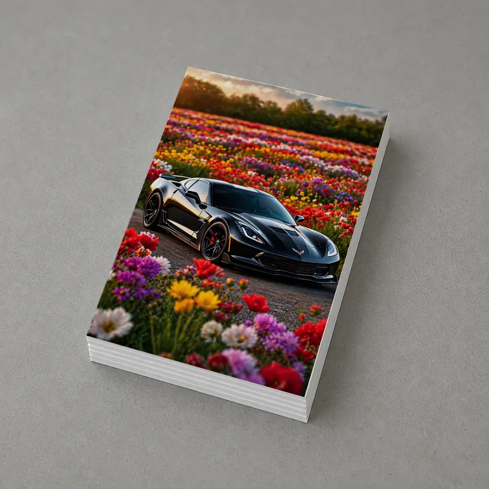 Black Chevrolet Corvette Parked Among Colorful Flowers – Postcards