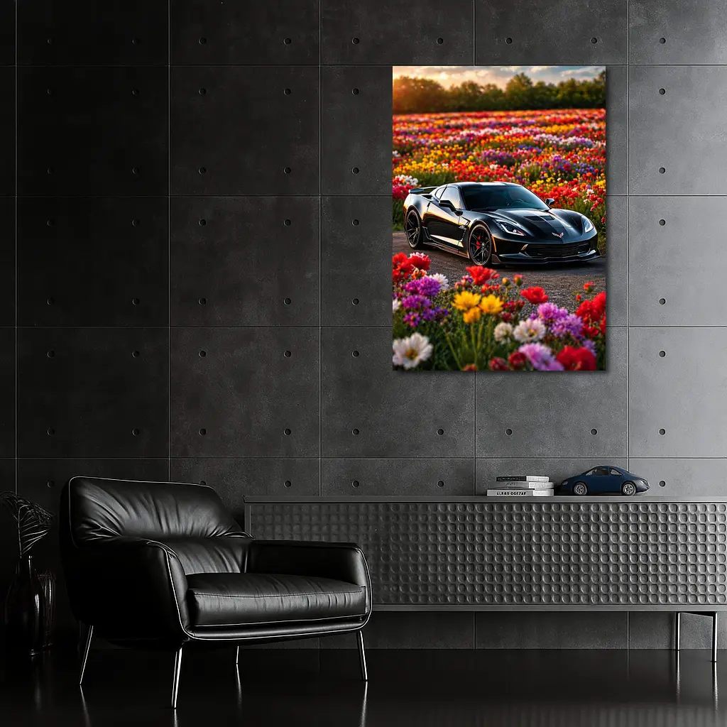 Black Chevrolet Corvette Parked Among Colorful Flowers – Wall Art