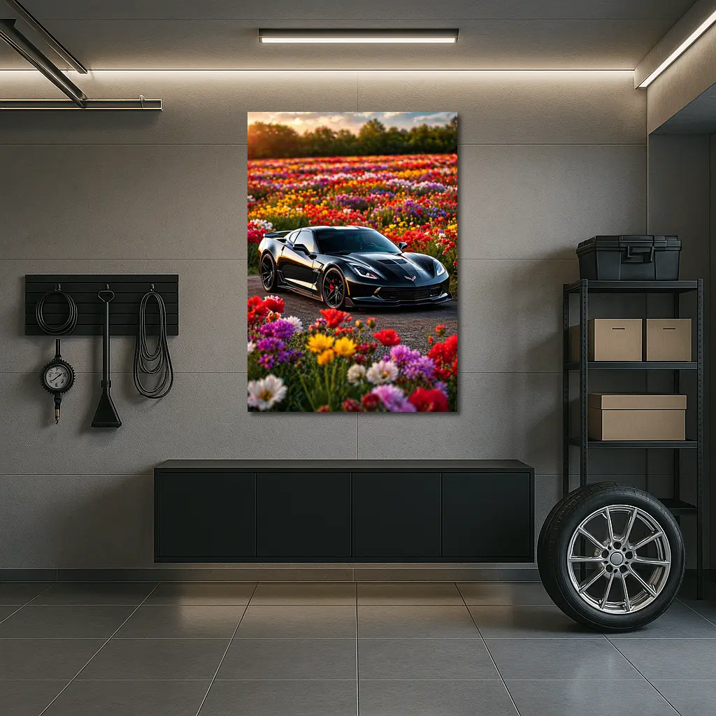 Black Chevrolet Corvette Parked Among Colorful Flowers – Wall Art