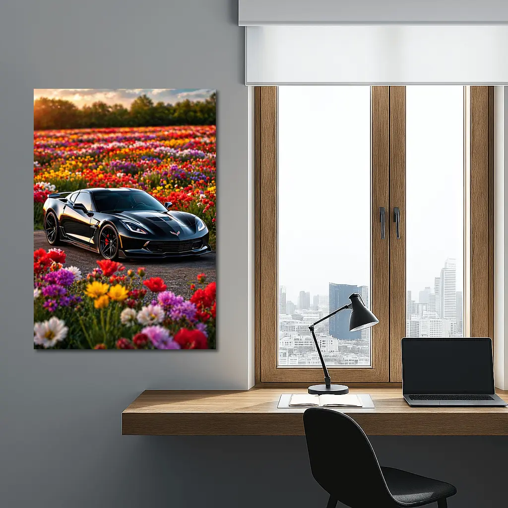 Black Chevrolet Corvette Parked Among Colorful Flowers – Wall Art