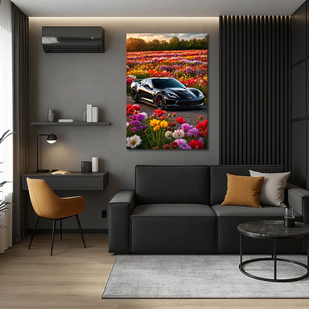Black Chevrolet Corvette Parked Among Colorful Flowers – Wall Art