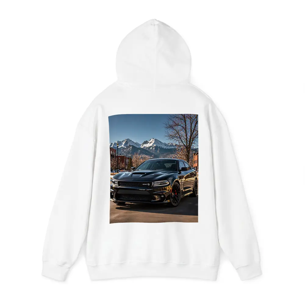 Black Dodge Charger SRT Mountain City Background – Hoodies