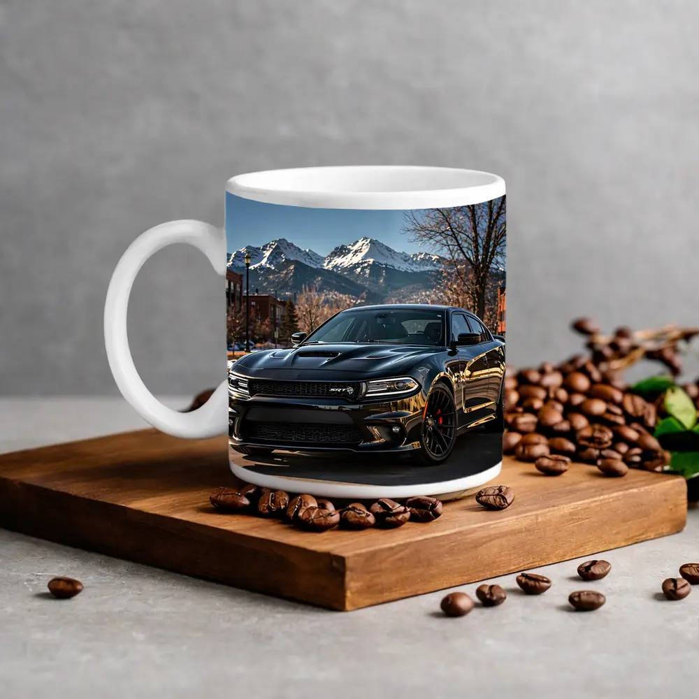 Black Dodge Charger SRT Mountain City Background – Mugs