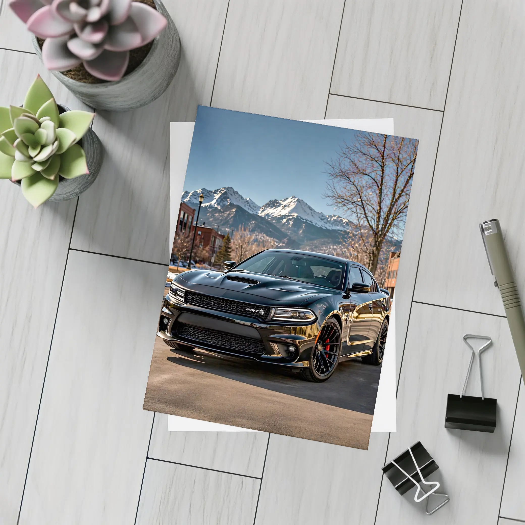 Black Dodge Charger SRT Mountain City Background – Postcards