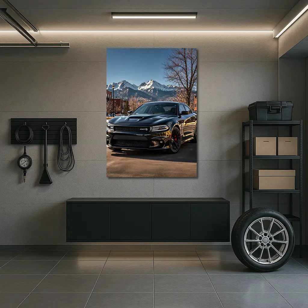 Black Dodge Charger SRT Mountain City Background – Wall Art