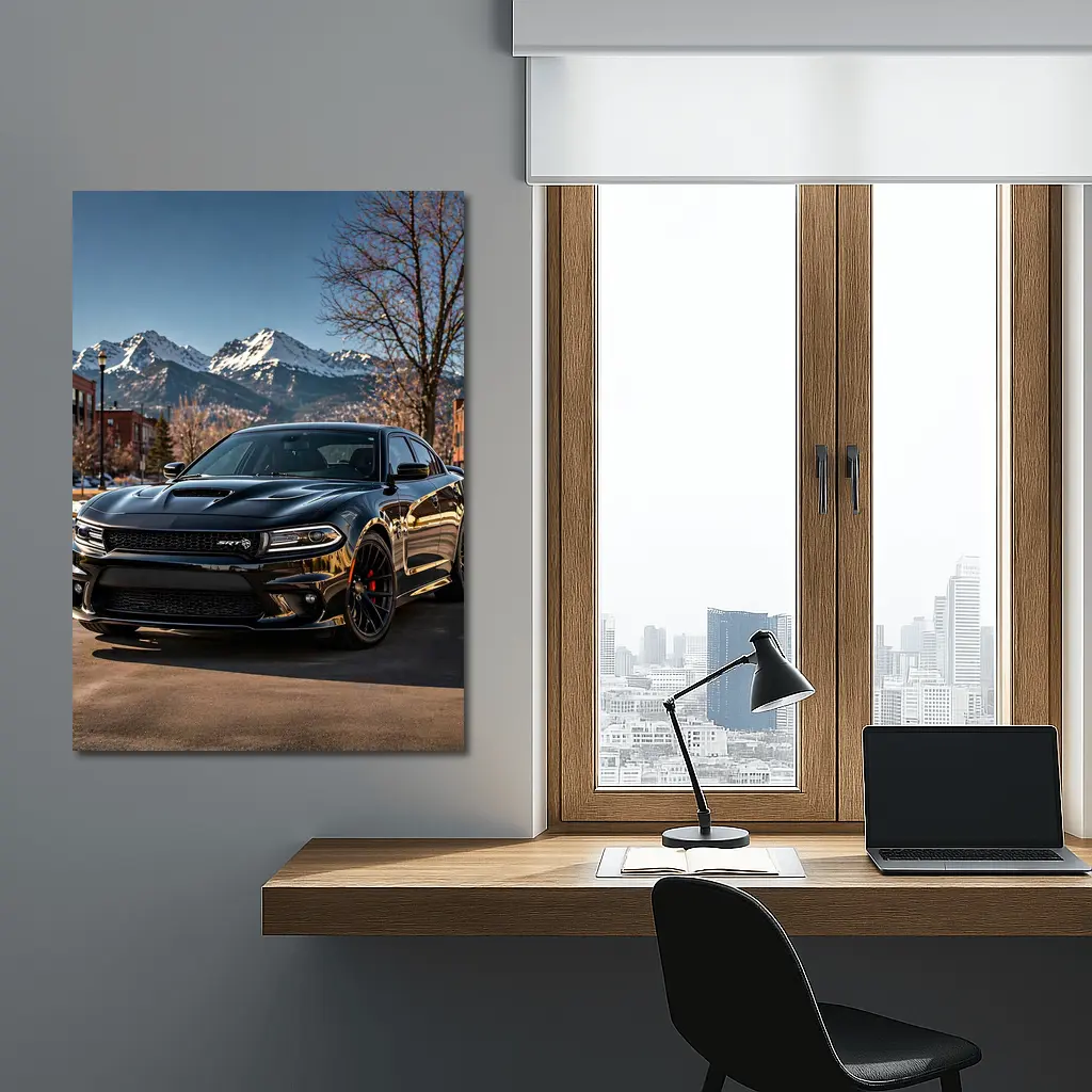 Black Dodge Charger SRT Mountain City Background – Wall Art