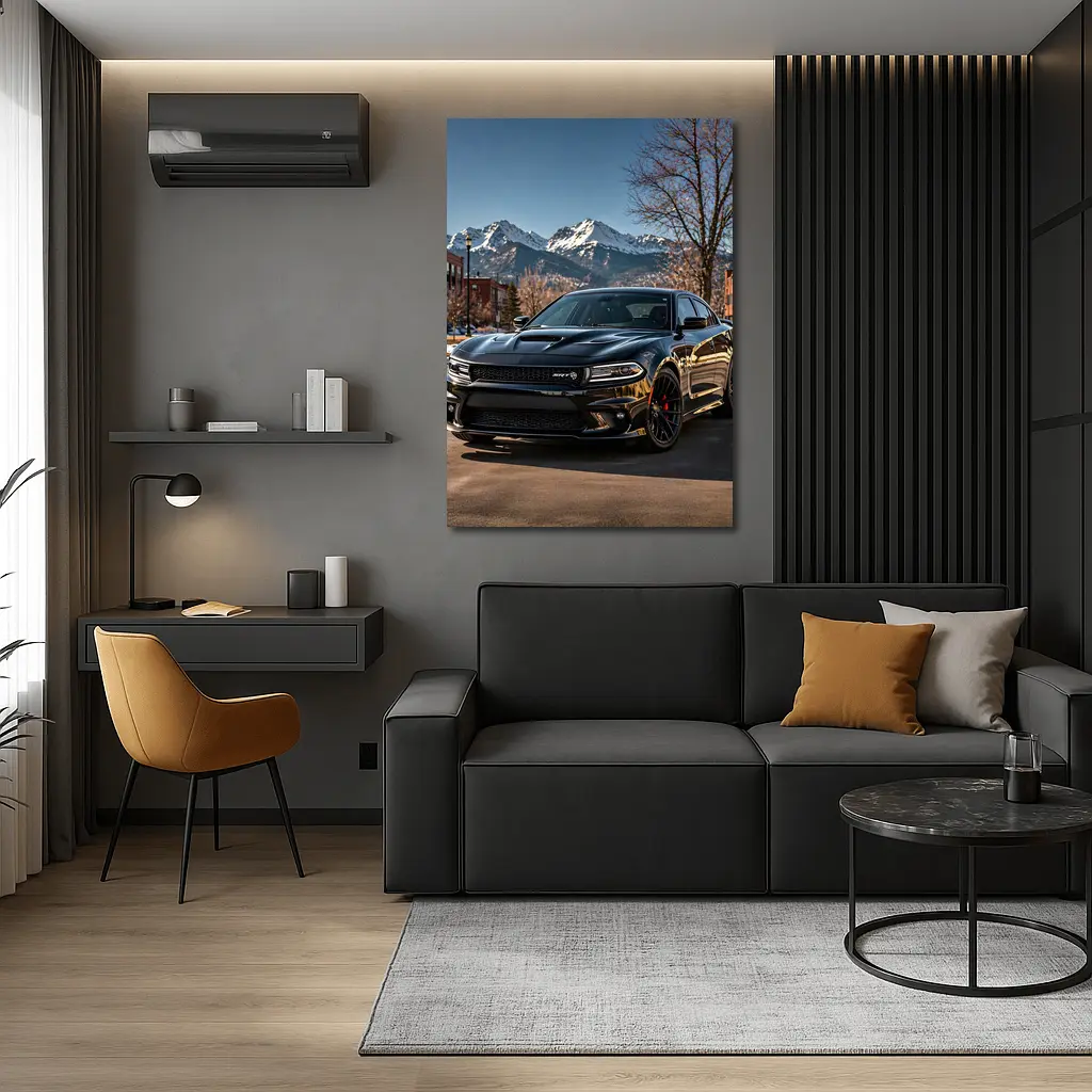 Black Dodge Charger SRT Mountain City Background – Wall Art
