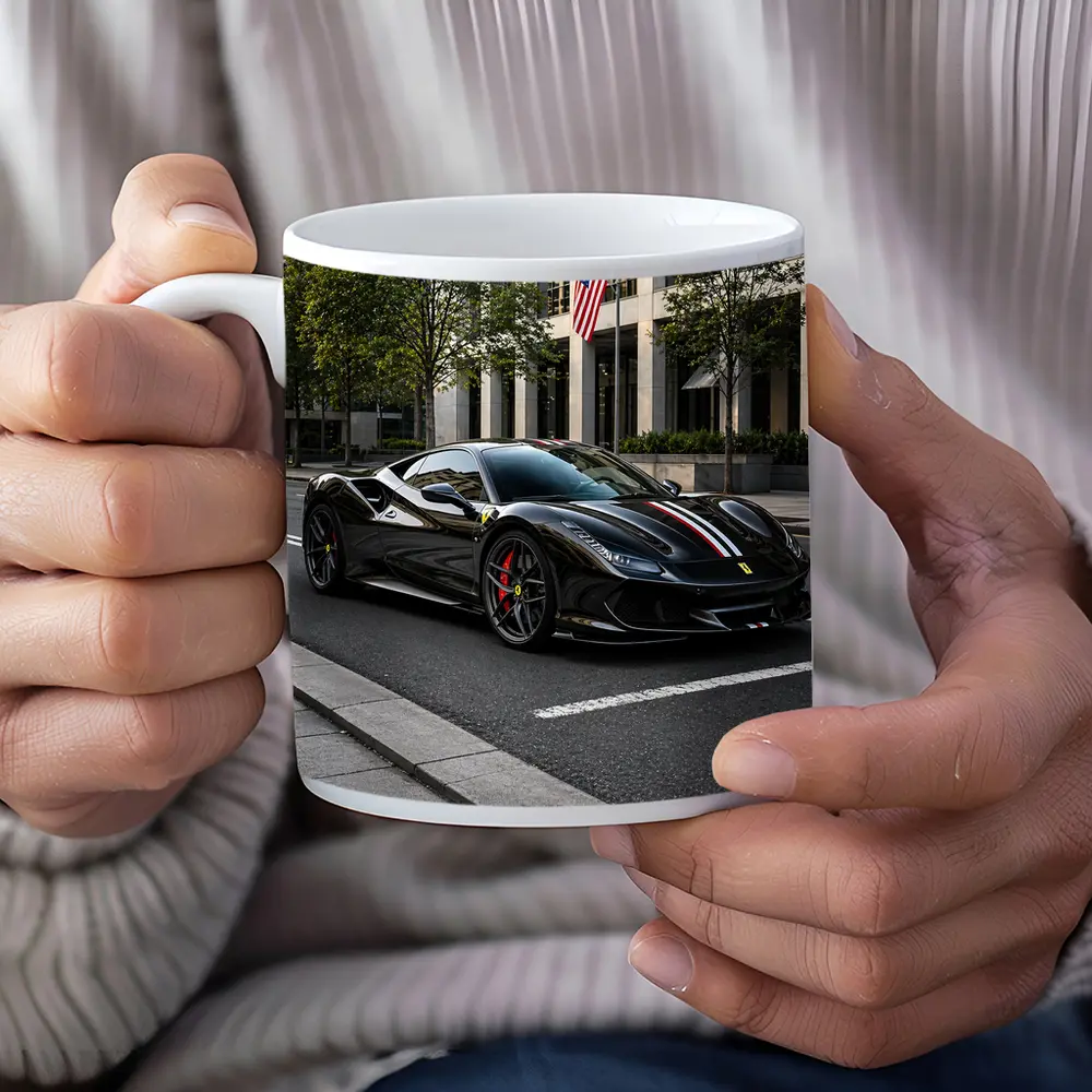 Black Ferrari F8 Tributo Urban Street Scene – Mugs