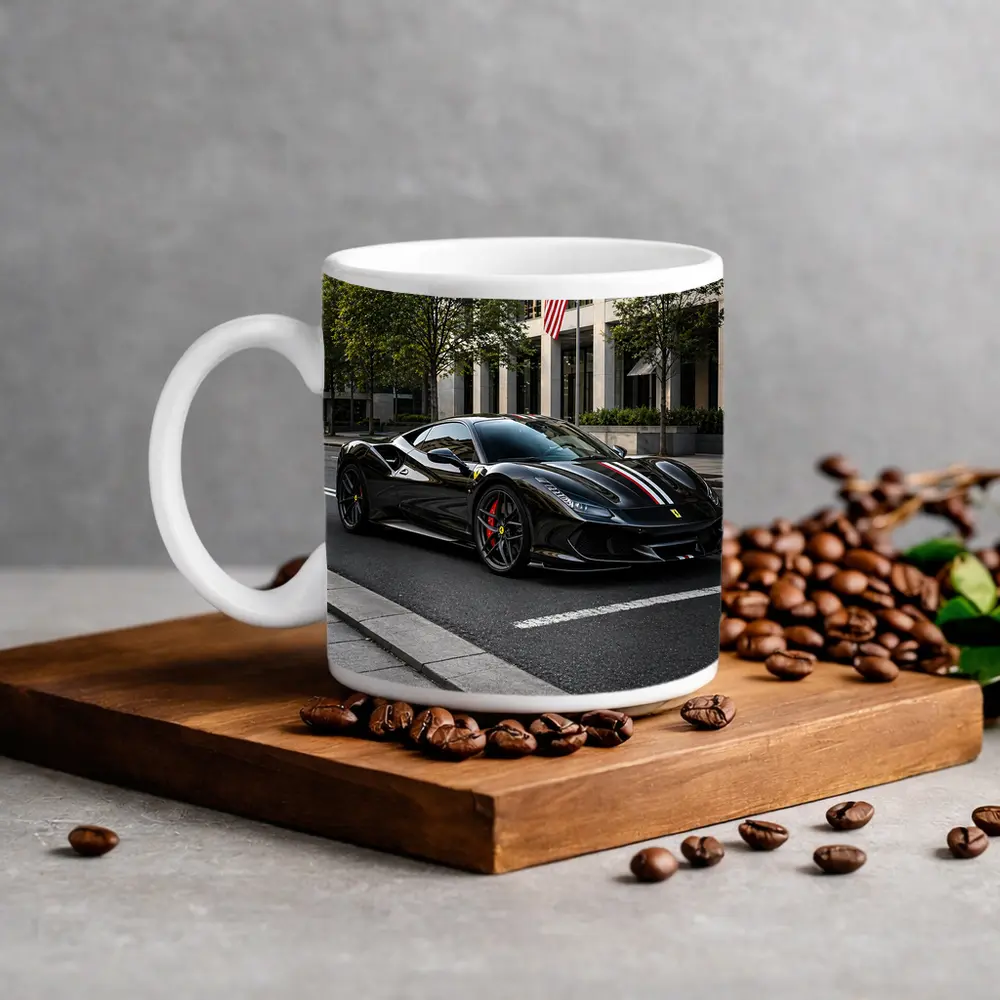 Black Ferrari F8 Tributo Urban Street Scene – Mugs