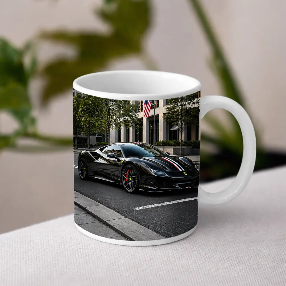 Black Ferrari F8 Tributo Urban Street Scene – Mugs