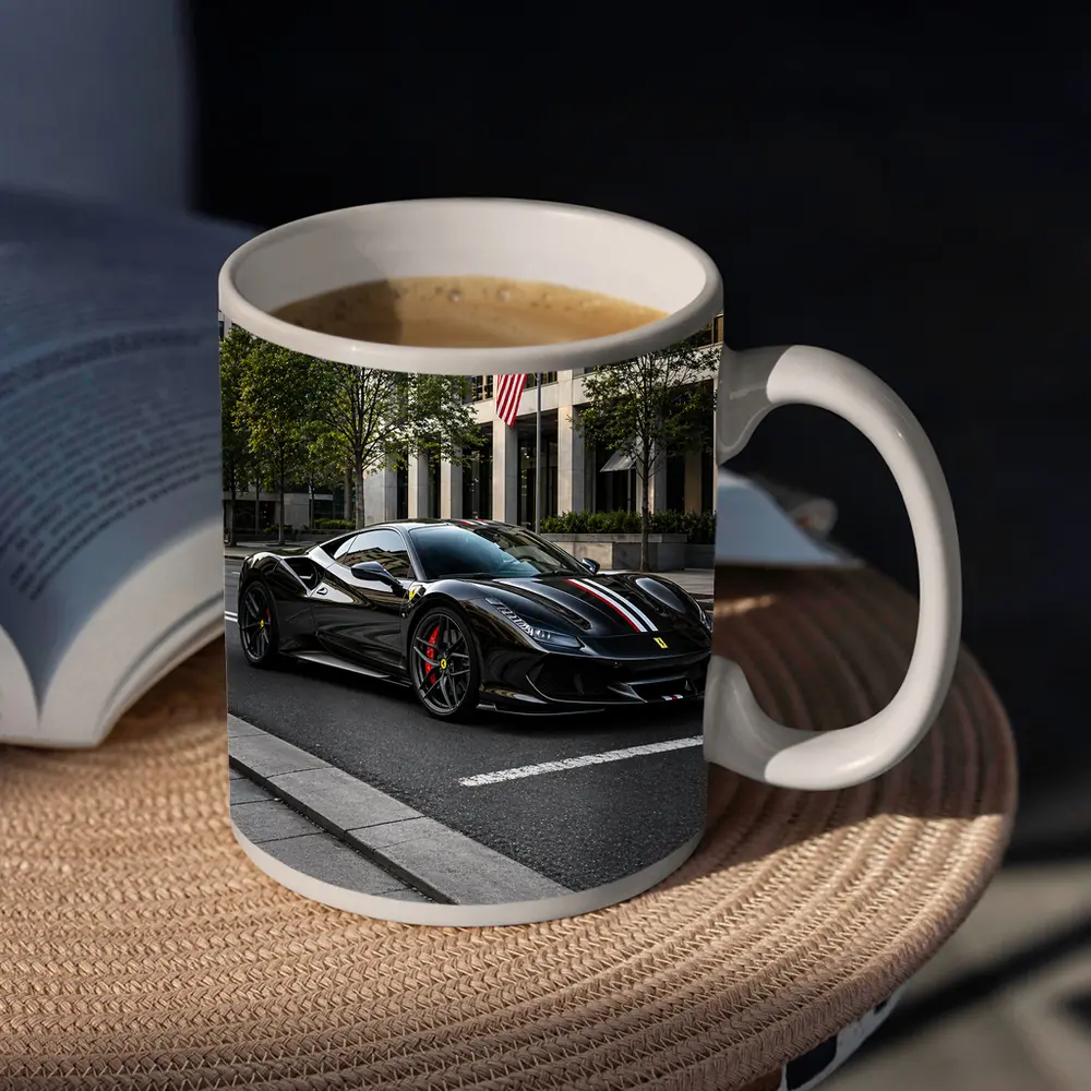 Black Ferrari F8 Tributo Urban Street Scene – Mugs