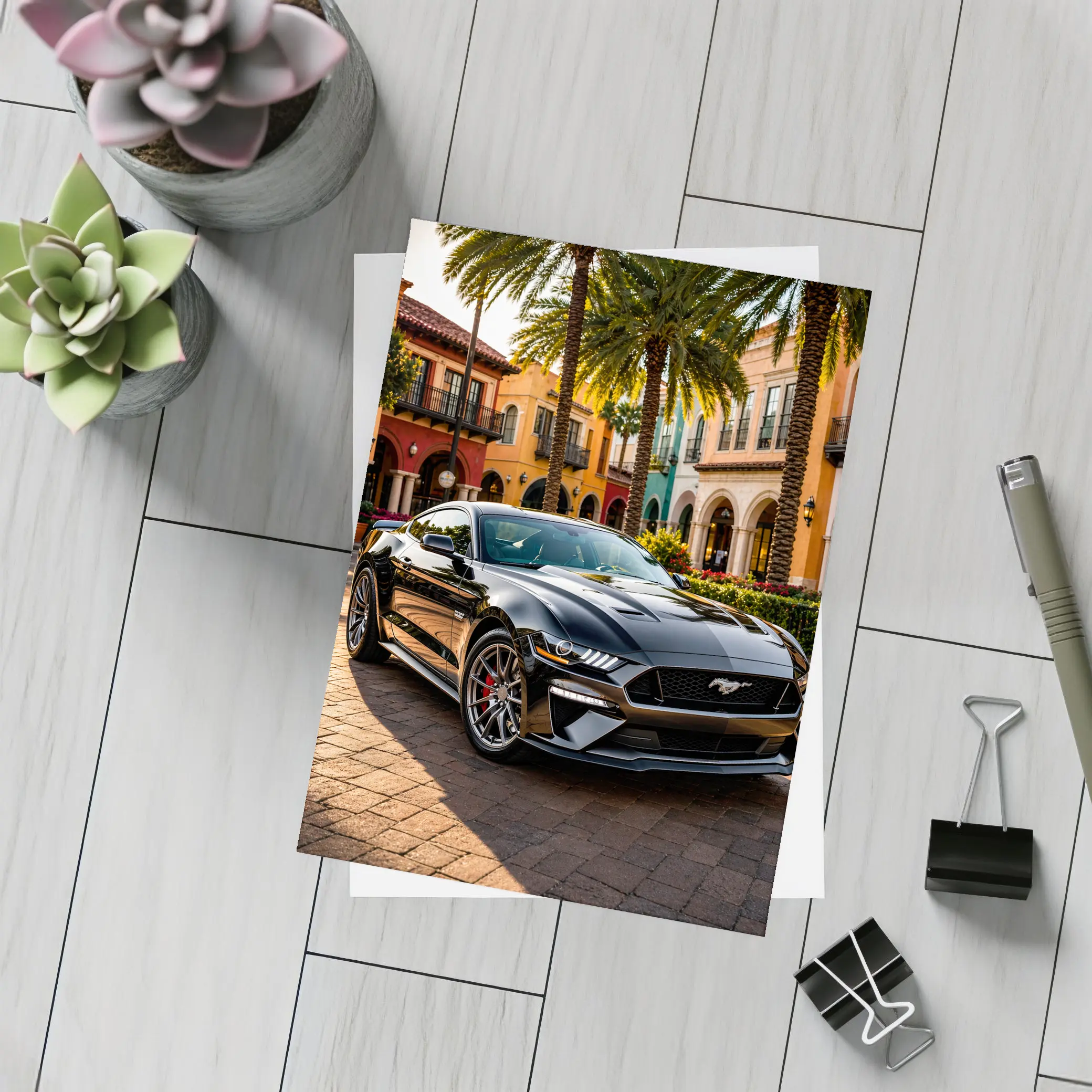 Black Ford Mustang GT Urban Palm Setting – Postcards