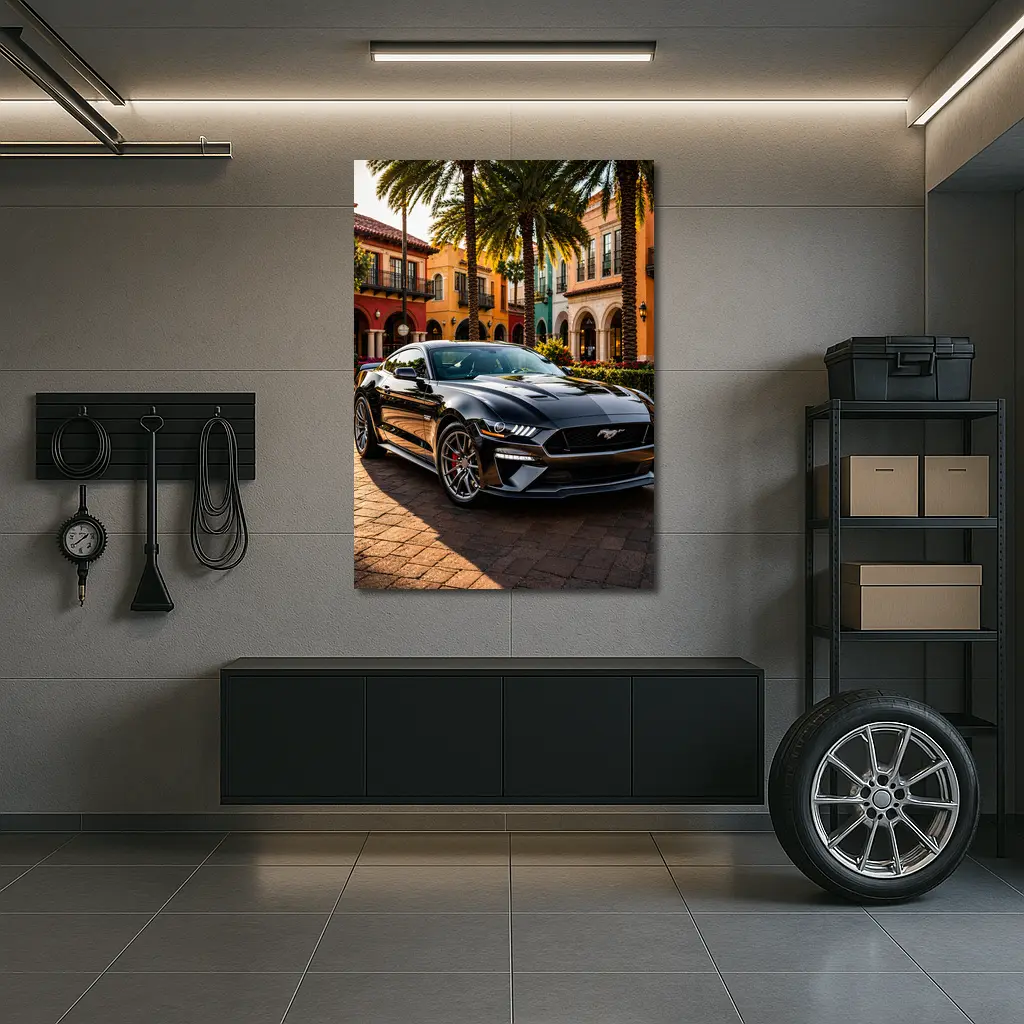 Black Ford Mustang GT Urban Palm Setting – Wall Art
