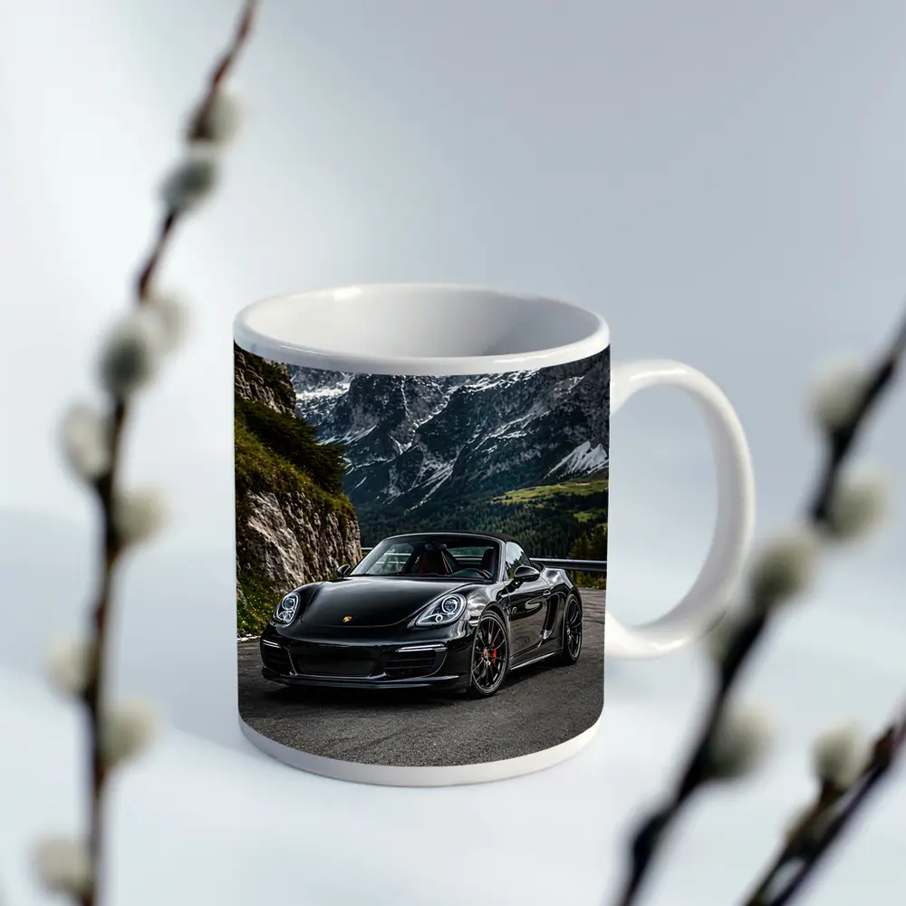 Black Porsche Boxster on Alpine Mountain Road – Mugs