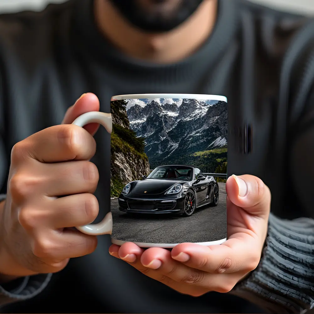 Black Porsche Boxster on Alpine Mountain Road – Mugs