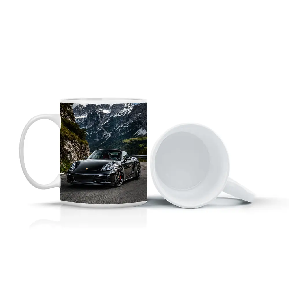 Black Porsche Boxster on Alpine Mountain Road – Mugs