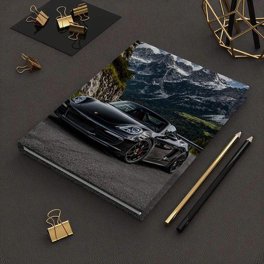 Black Porsche Boxster on Alpine Mountain Road – Notebooks
