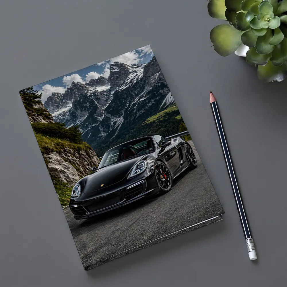 Black Porsche Boxster on Alpine Mountain Road – Notebooks