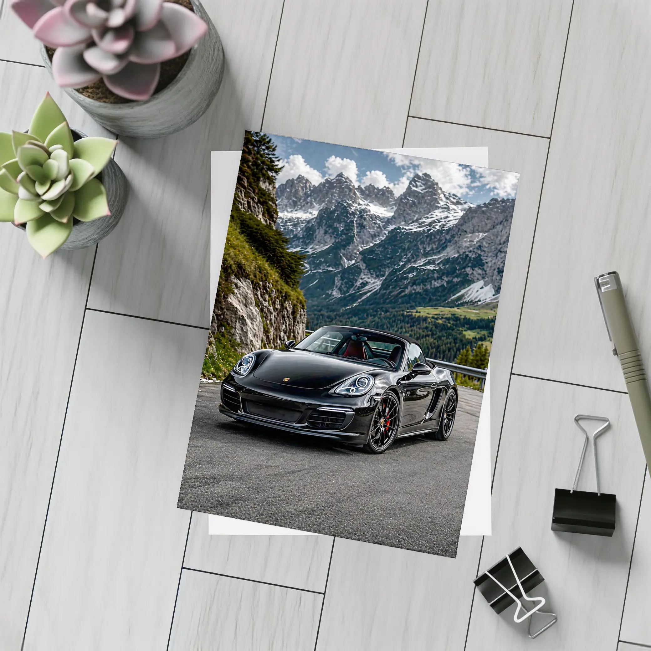 Black Porsche Boxster on Alpine Mountain Road – Postcards