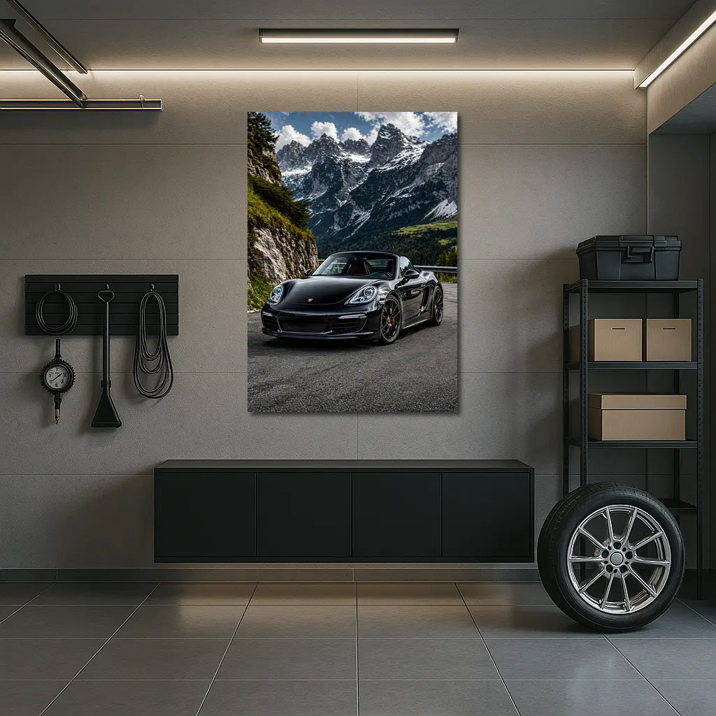 Black Porsche Boxster on Alpine Mountain Road – Wall Art