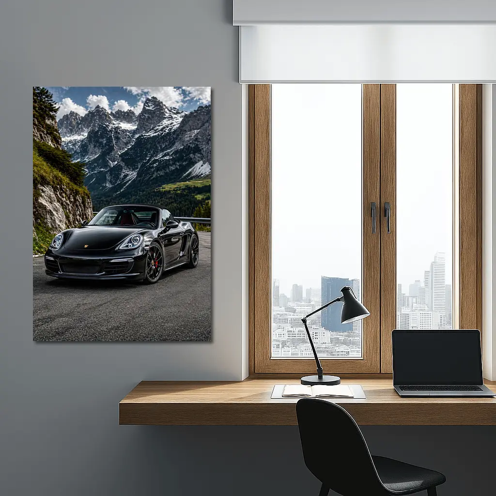 Black Porsche Boxster on Alpine Mountain Road – Wall Art