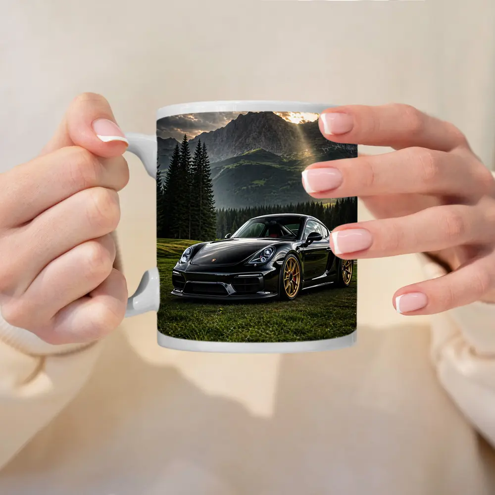 Black Porsche Cayman GT4 Mountain Backdrop – Mugs