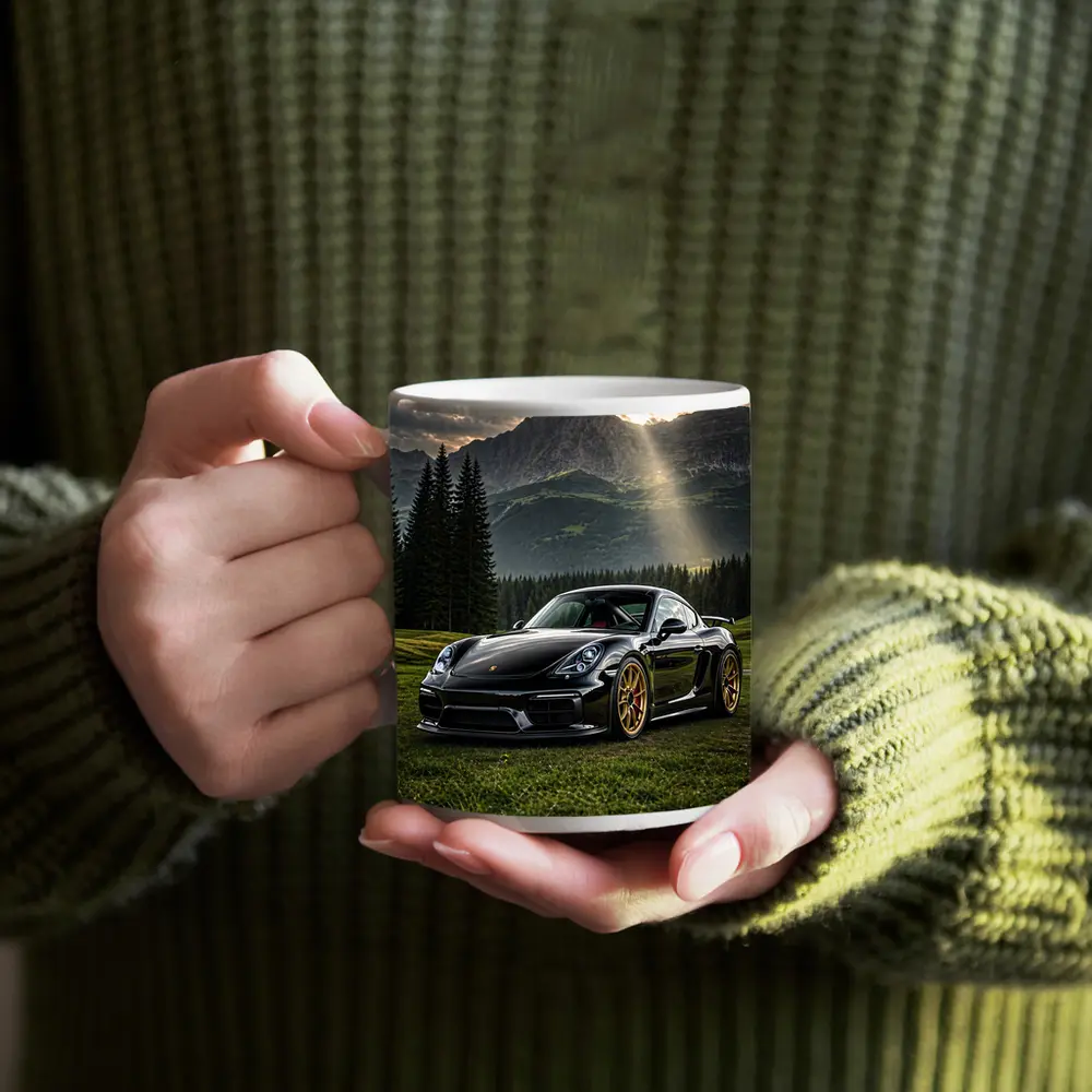 Black Porsche Cayman GT4 Mountain Backdrop – Mugs