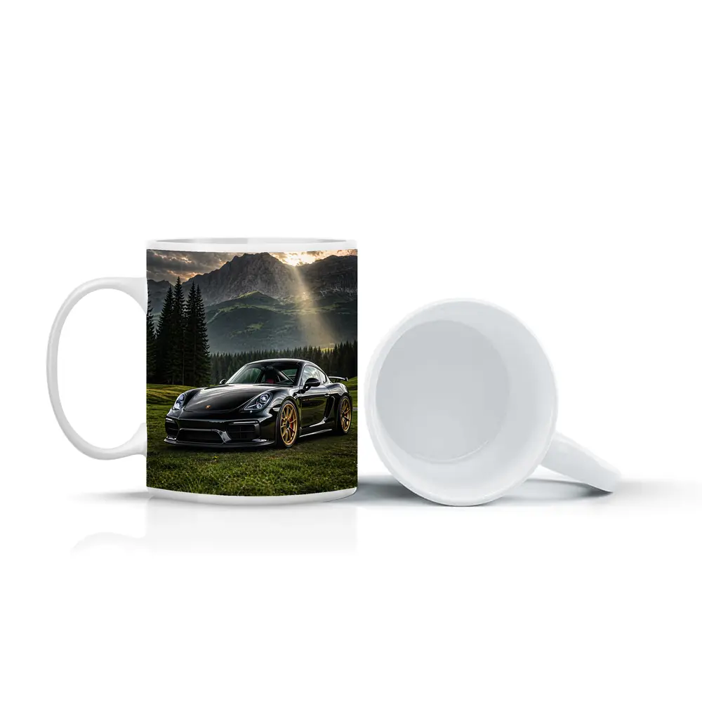 Black Porsche Cayman GT4 Mountain Backdrop – Mugs