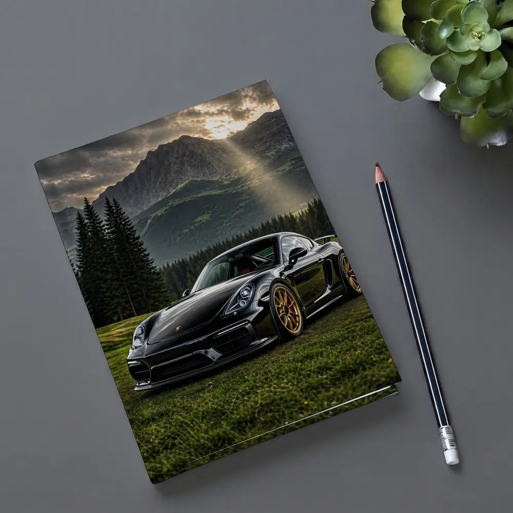 Black Porsche Cayman GT4 Mountain Backdrop – Notebooks