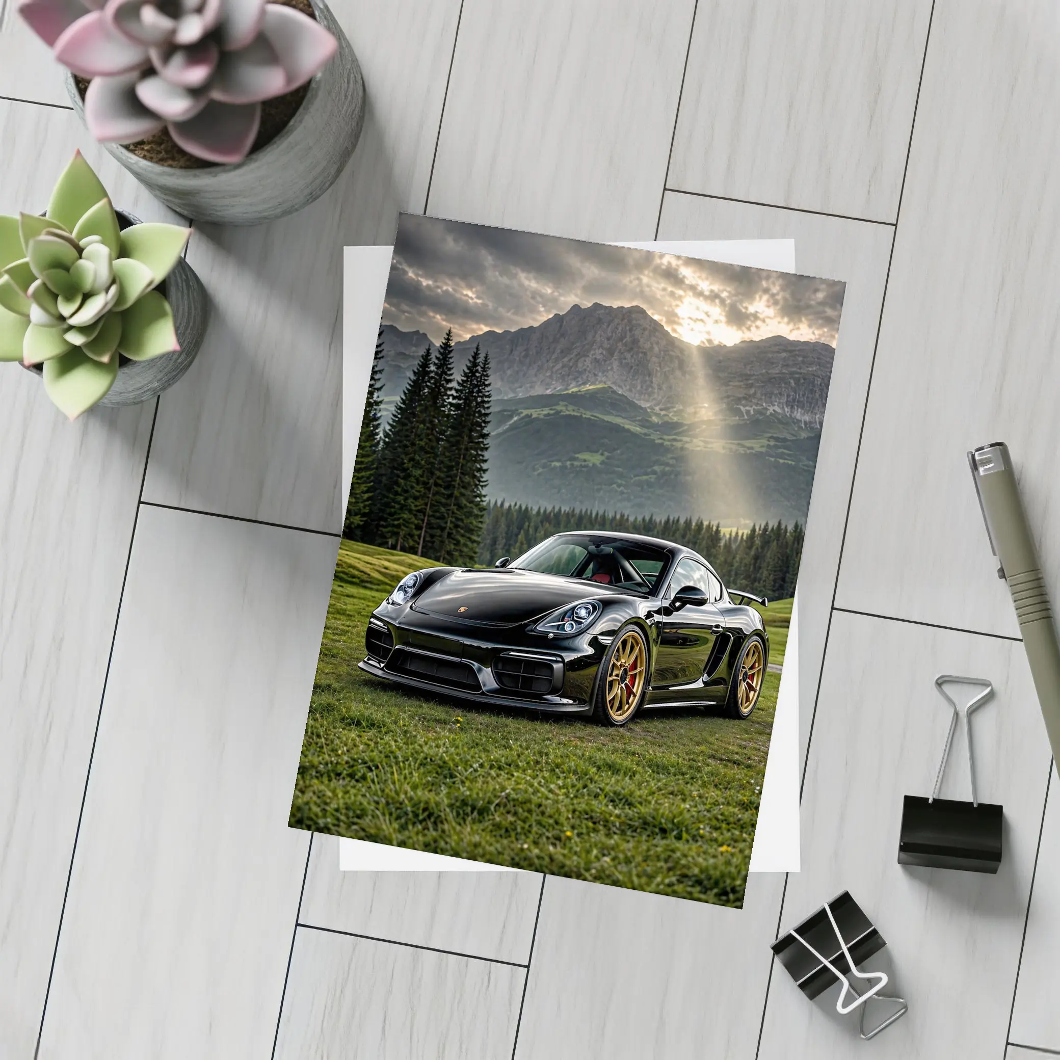 Black Porsche Cayman GT4 Mountain Backdrop – Postcards