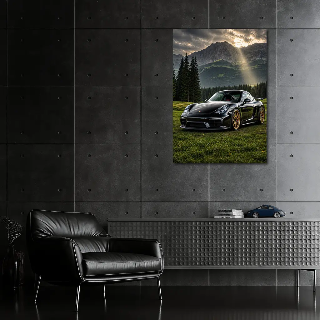 Black Porsche Cayman GT4 Mountain Backdrop – Wall Art