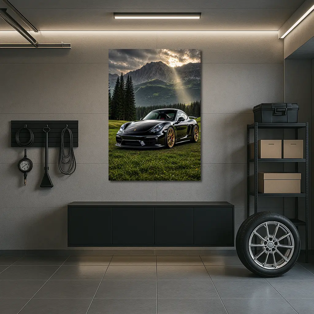 Black Porsche Cayman GT4 Mountain Backdrop – Wall Art