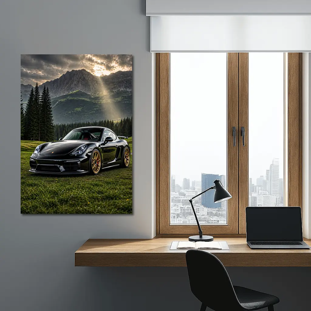 Black Porsche Cayman GT4 Mountain Backdrop – Wall Art