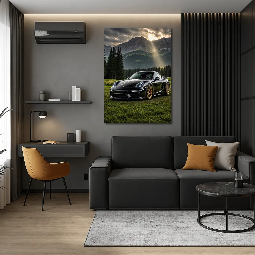 Black Porsche Cayman GT4 Mountain Backdrop – Wall Art