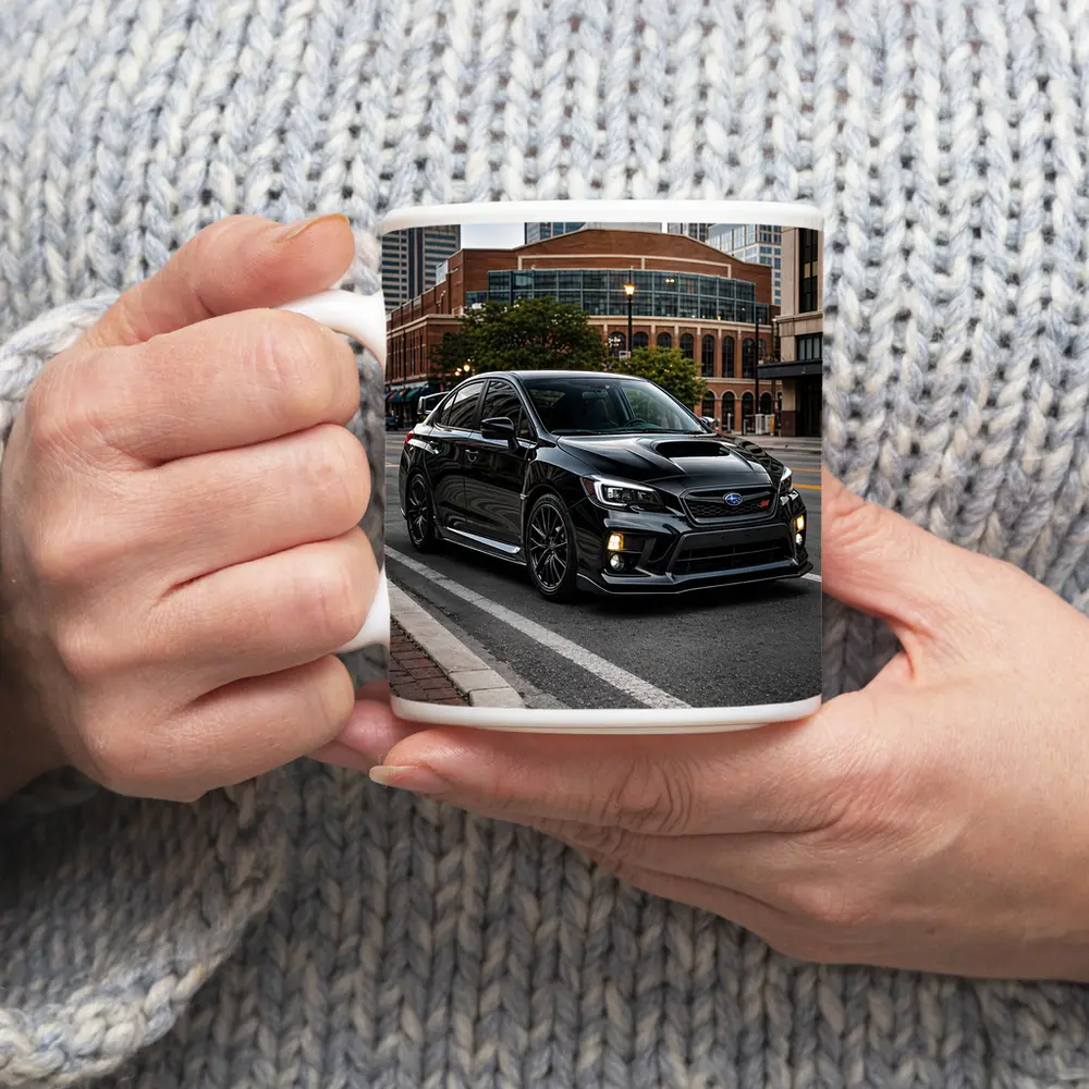 Black Subaru WRX STI Downtown City Street – Mugs