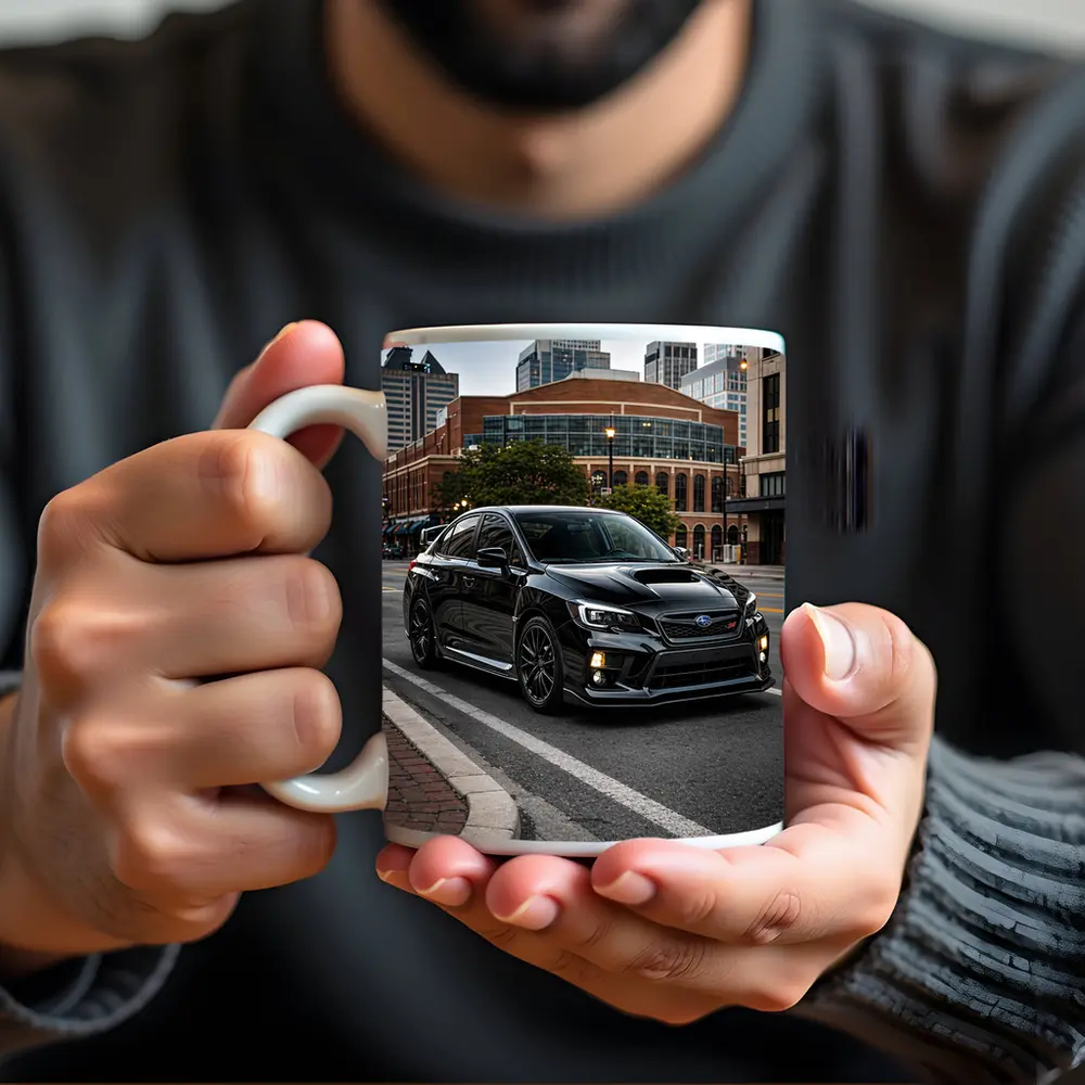 Black Subaru WRX STI Downtown City Street – Mugs