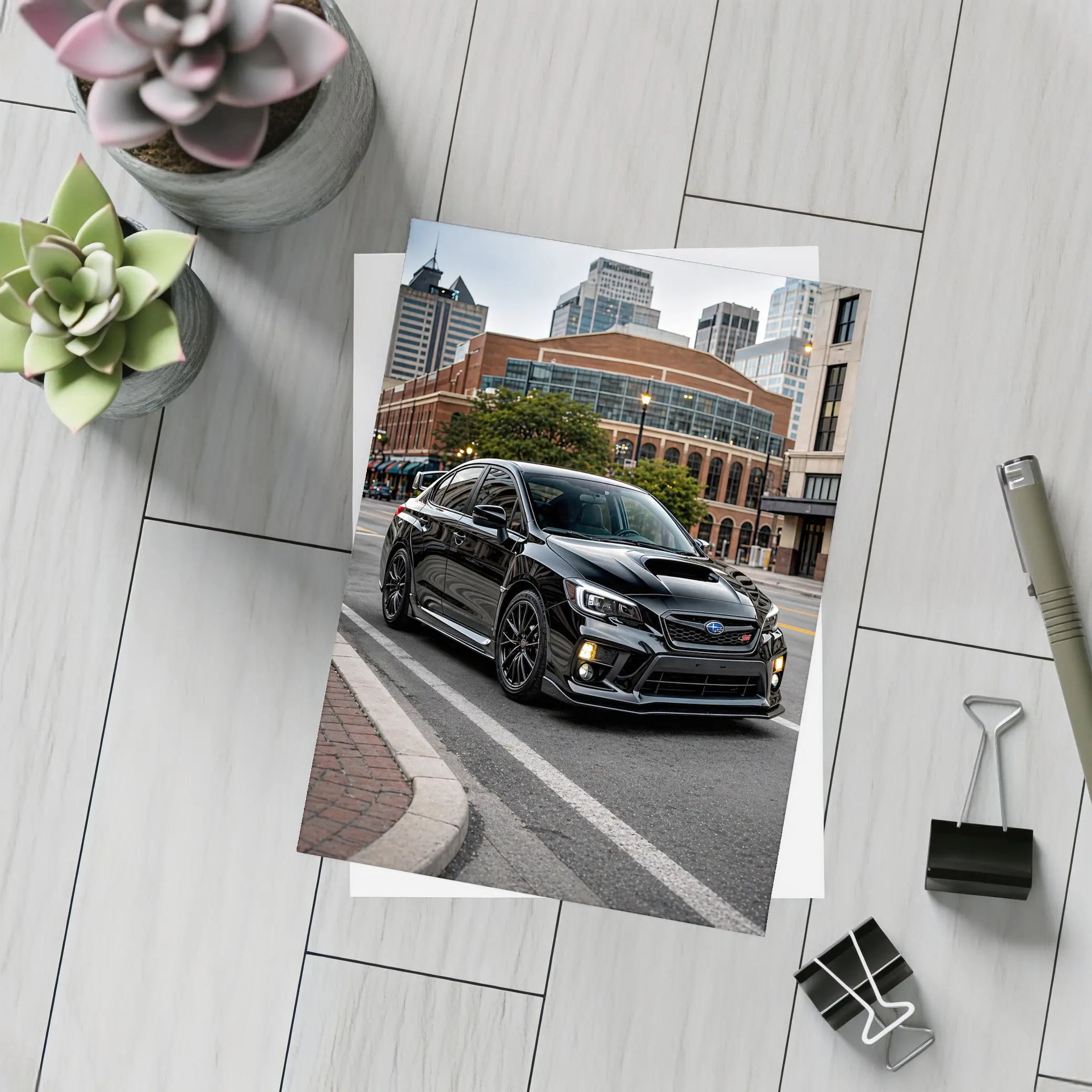 Black Subaru WRX STI Downtown City Street – Postcards